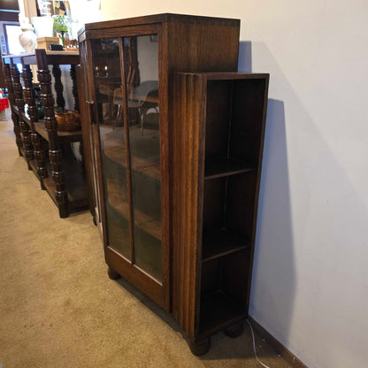 Vintage Dark Oak Glass Door Cabinet w/ Book Storage on Sides