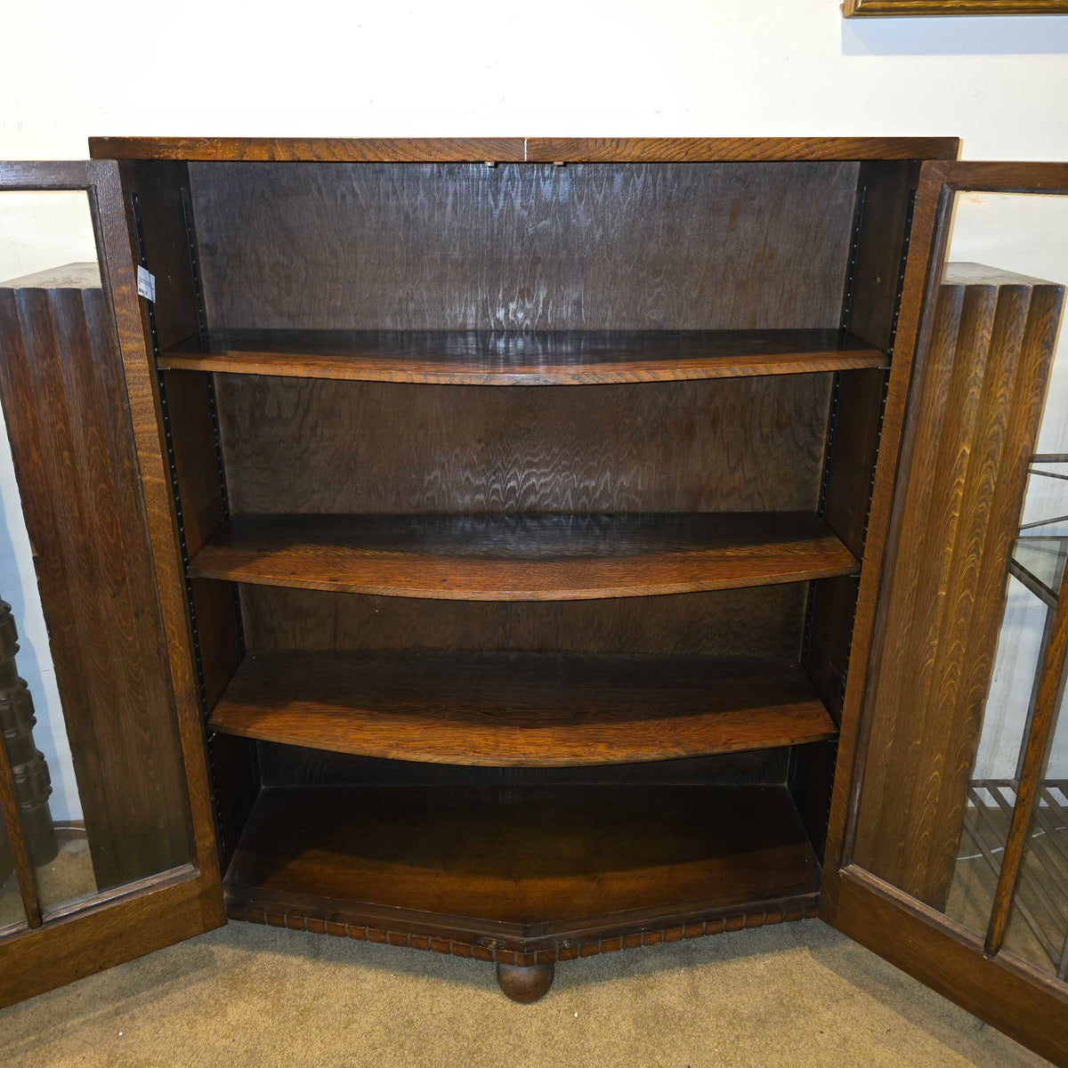 Vintage Dark Oak Glass Door Cabinet w/ Book Storage on Sides