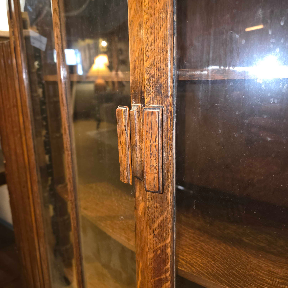 Vintage Dark Oak Glass Door Cabinet w/ Book Storage on Sides
