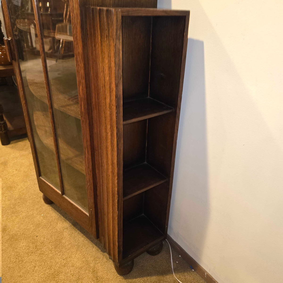 Vintage Dark Oak Glass Door Cabinet w/ Book Storage on Sides