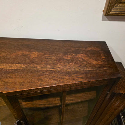 Vintage Dark Oak Glass Door Cabinet w/ Book Storage on Sides