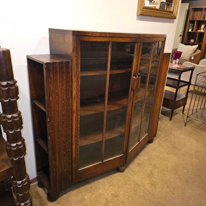 Vintage Dark Oak Glass Door Cabinet w/ Book Storage on Sides