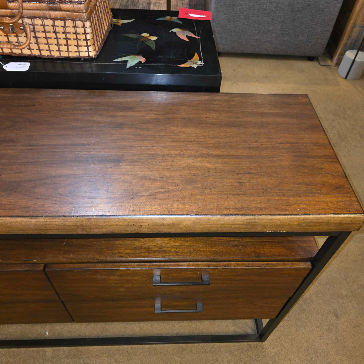 Walnut Finish & Metal Modern 4 Drawer Buffet