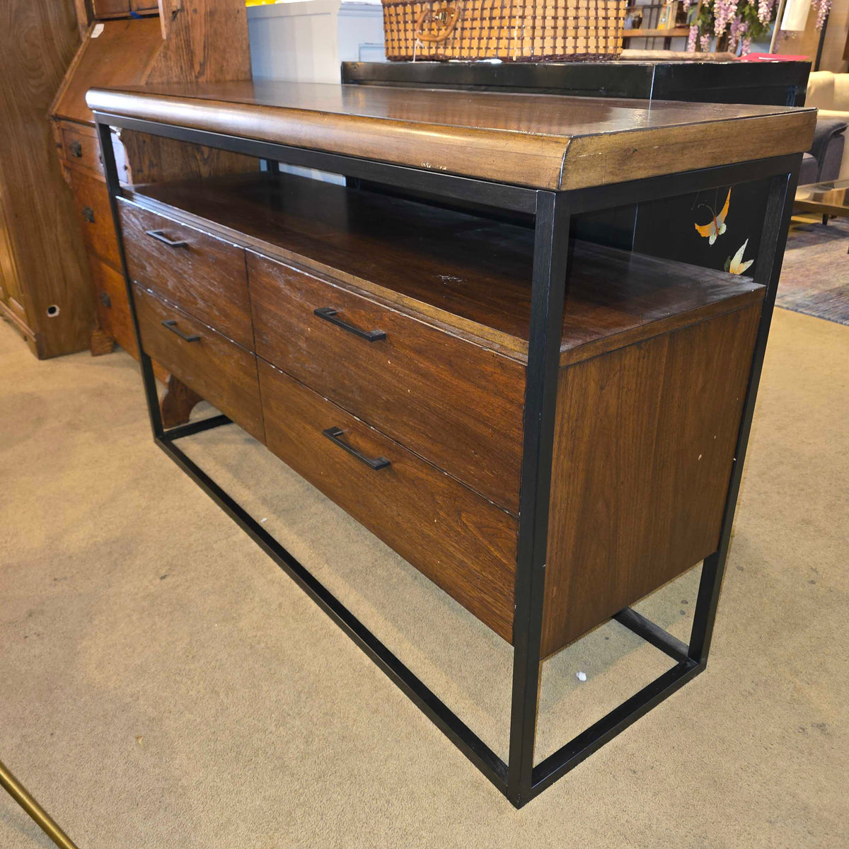 Walnut Finish & Metal Modern 4 Drawer Buffet