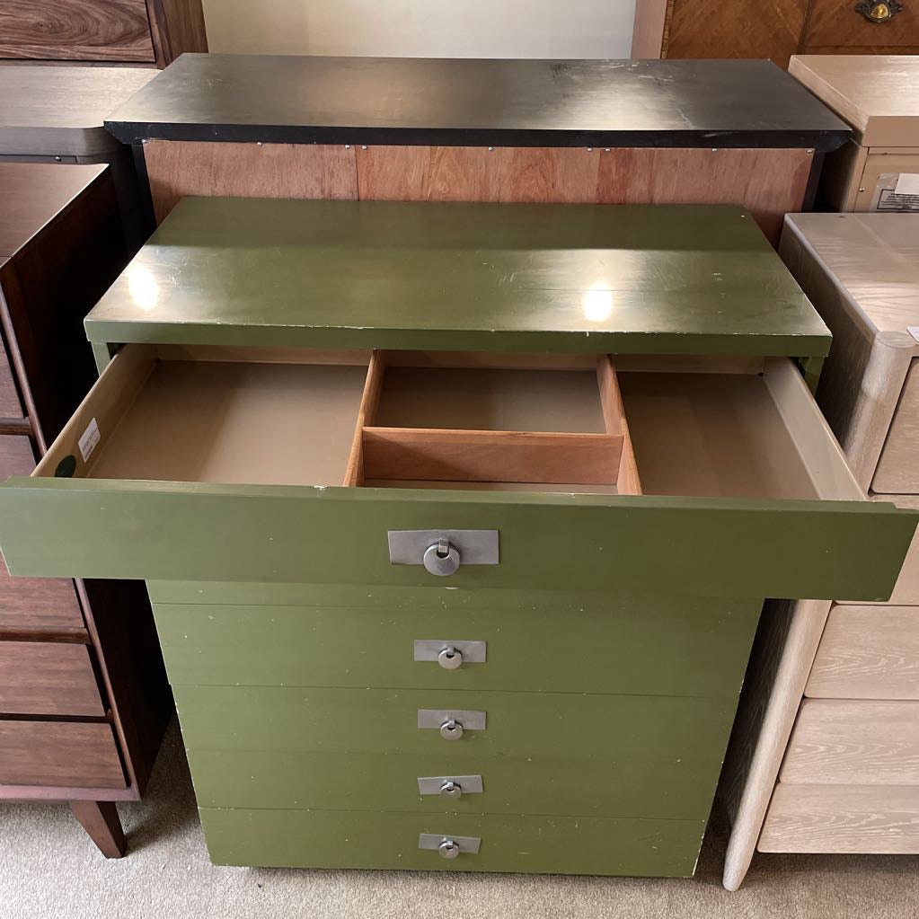 Frederick and Nelson Olive 7 Drawer Highboy with Silver Pulls