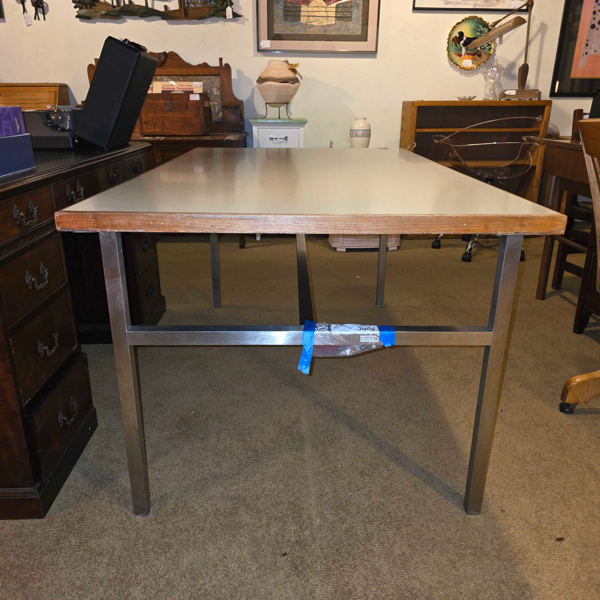 Vintage Melamine & Wood Top Table with Aluminum Base