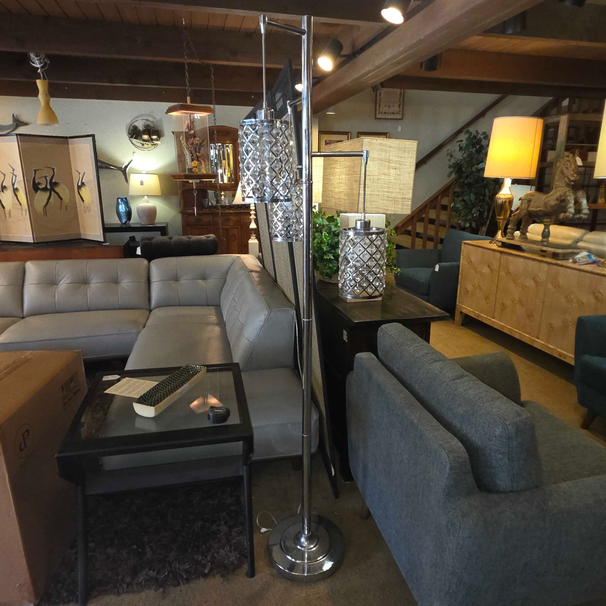 Chrome Triple Hanging Jeweled Floor Lamp