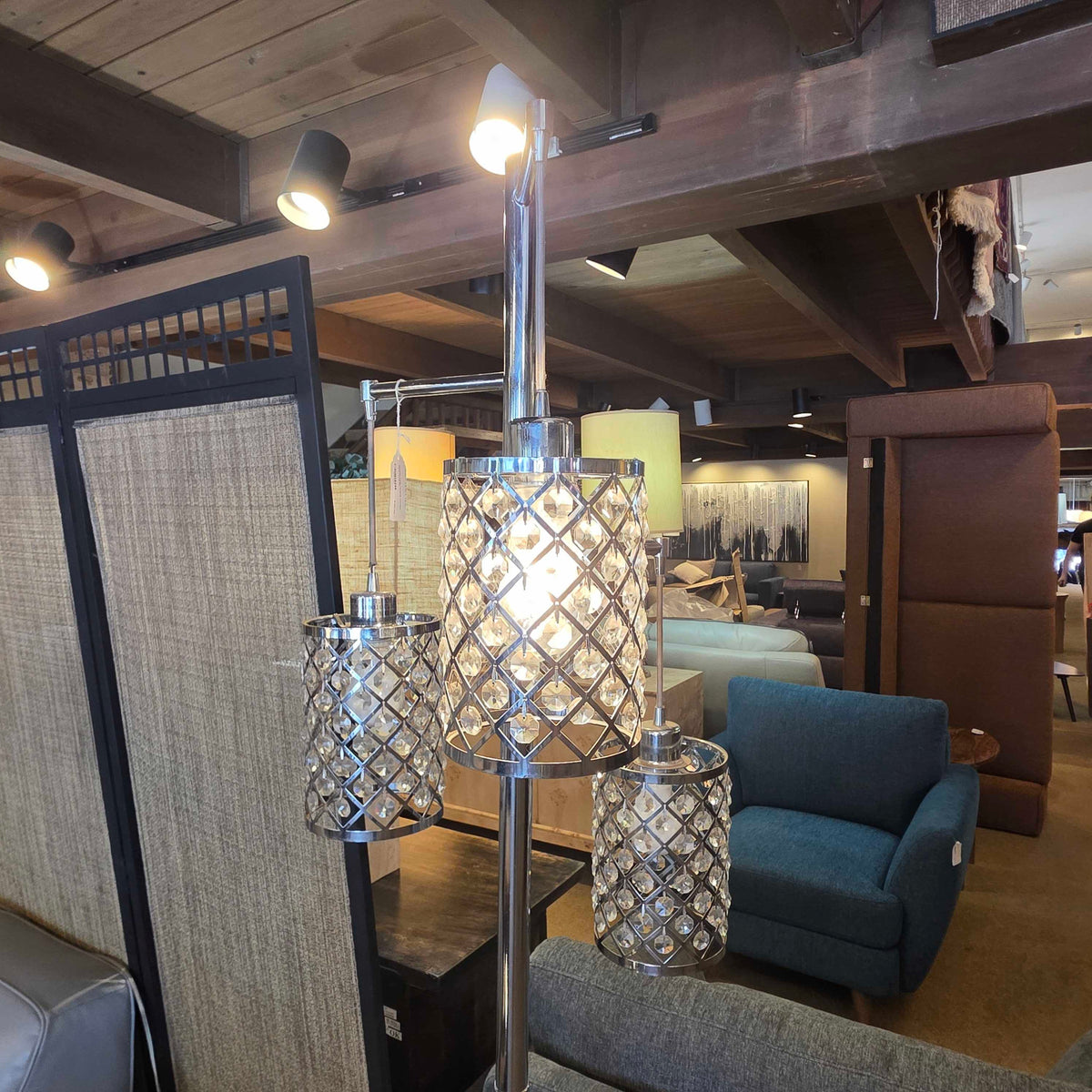 Chrome Triple Hanging Jeweled Floor Lamp