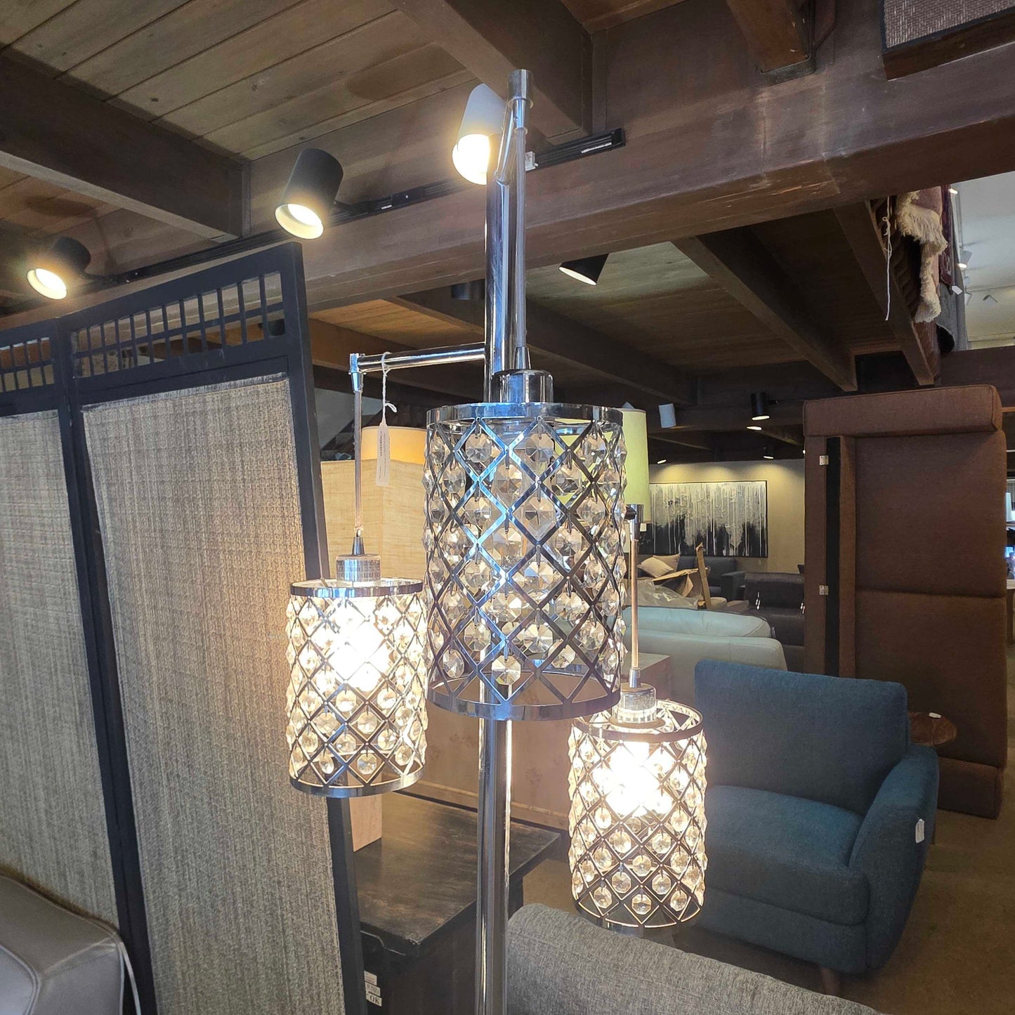 Chrome Triple Hanging Jeweled Floor Lamp