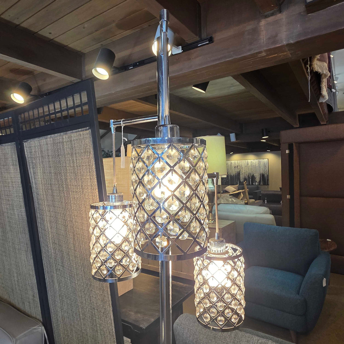 Chrome Triple Hanging Jeweled Floor Lamp