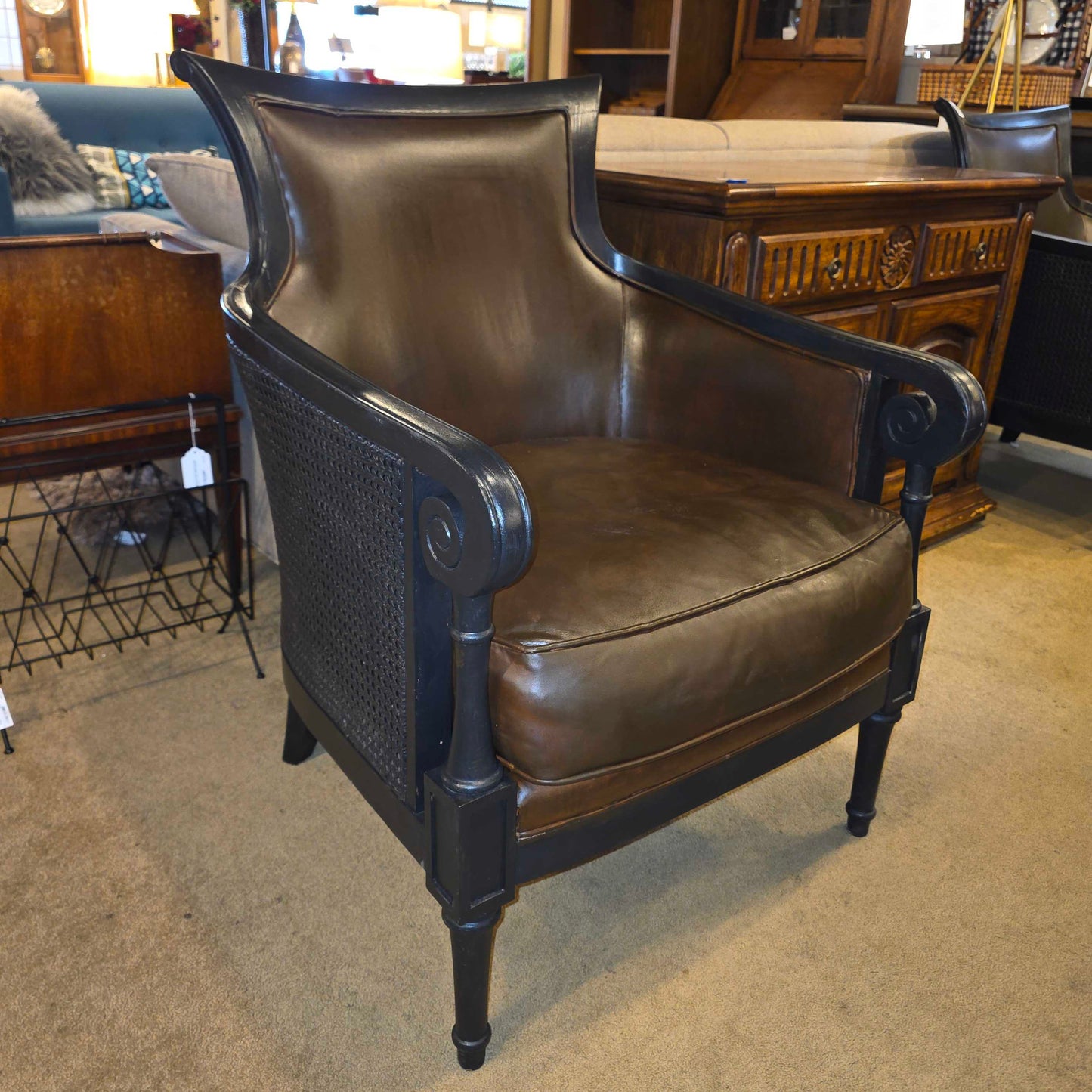 Dark Wood & Brown Leather Rattan Sided Accent Chair