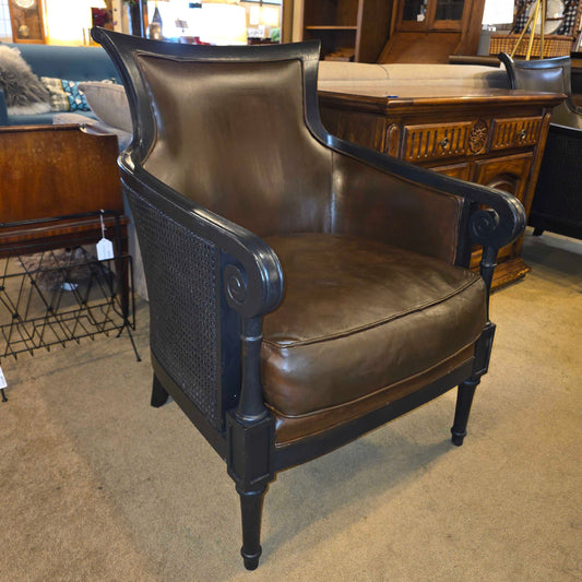 Dark Wood & Brown Leather Rattan Sided Accent Chair