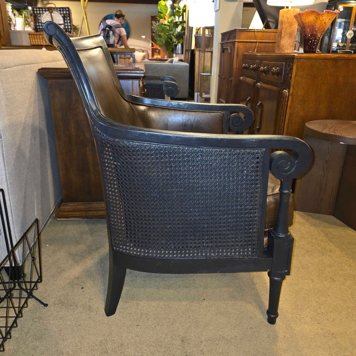Dark Wood & Brown Leather Rattan Sided Accent Chair