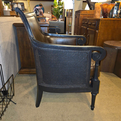 Dark Wood & Brown Leather Rattan Sided Accent Chair