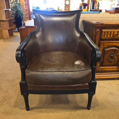 Dark Wood & Brown Leather Rattan Sided Accent Chair