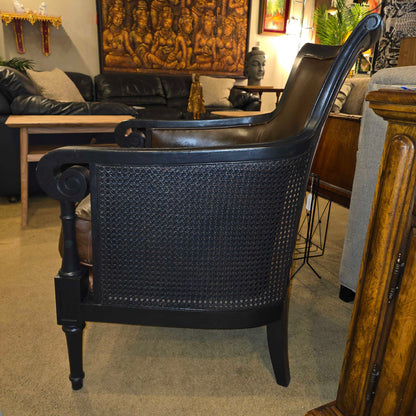 Dark Wood & Brown Leather Rattan Sided Accent Chair