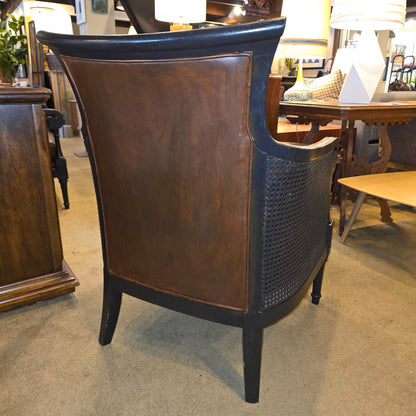 Dark Wood & Brown Leather Rattan Sided Accent Chair