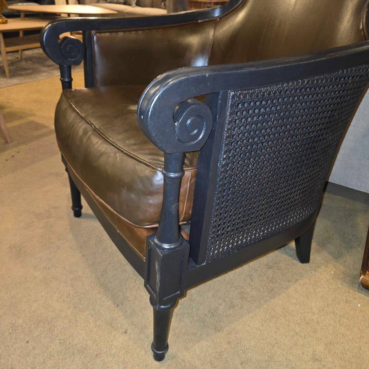 Dark Wood & Brown Leather Rattan Sided Accent Chair