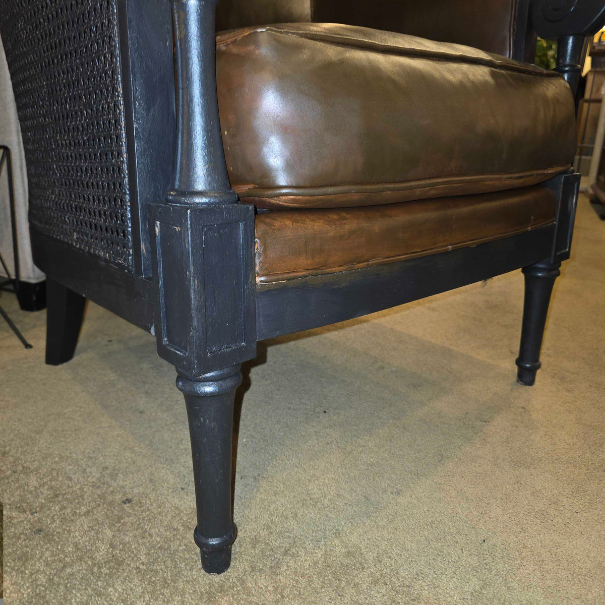 Dark Wood & Brown Leather Rattan Sided Accent Chair