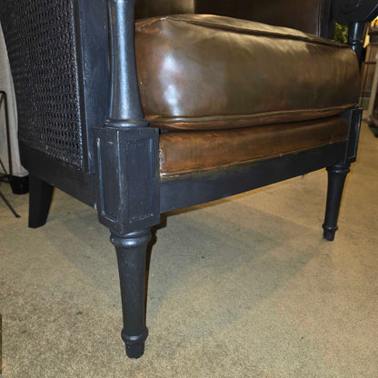 Dark Wood & Brown Leather Rattan Sided Accent Chair