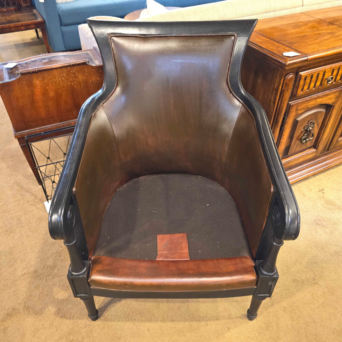 Dark Wood & Brown Leather Rattan Sided Accent Chair