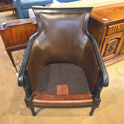 Dark Wood & Brown Leather Rattan Sided Accent Chair