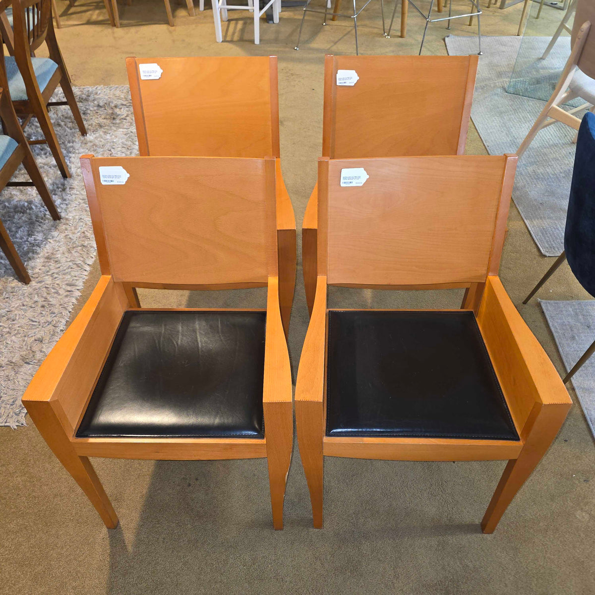 Matthew Hilton XO 1980's Post Modern Dining Chair with black Leather Seats SET OF 4