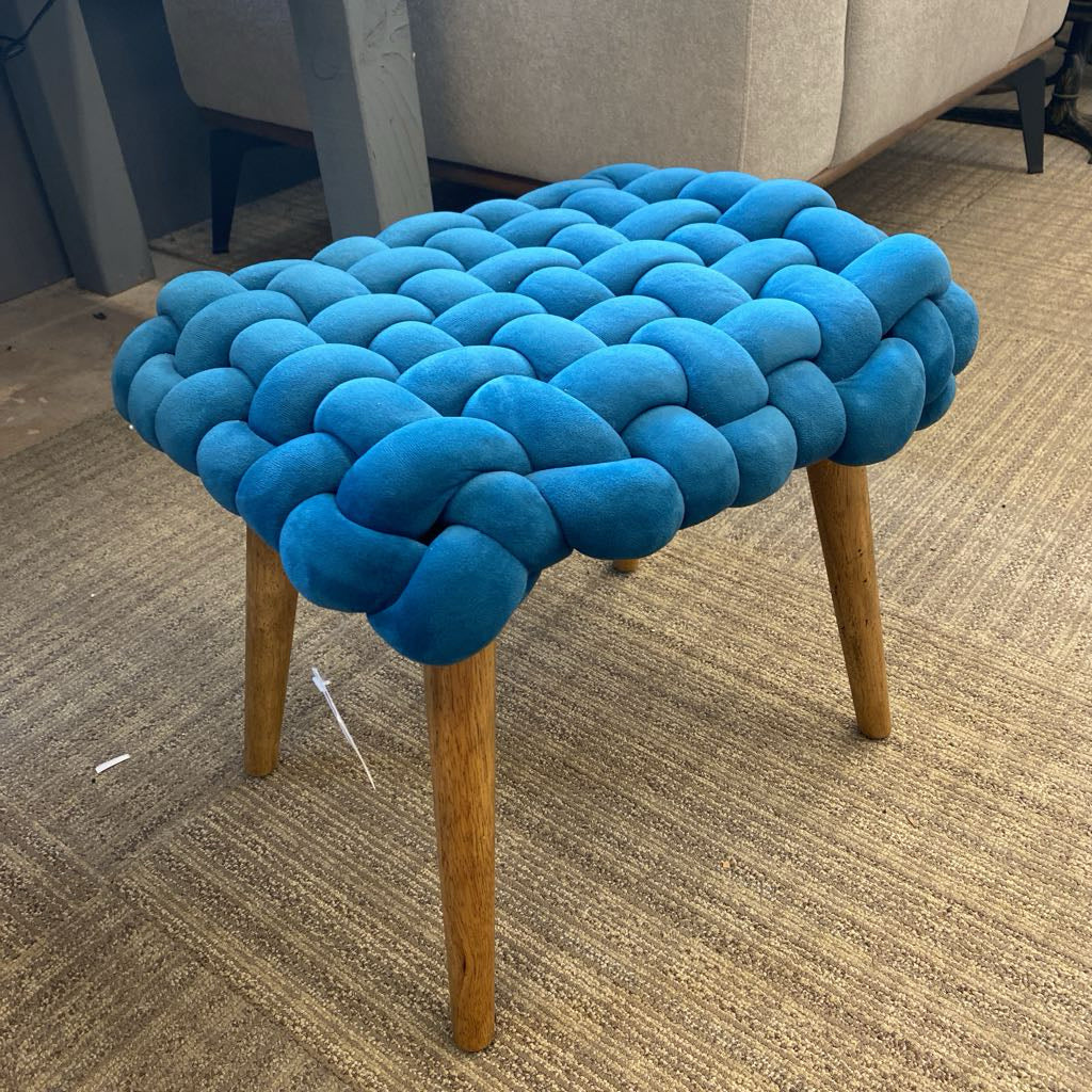 Teal Woven Fabric Wood Leg Ottoman