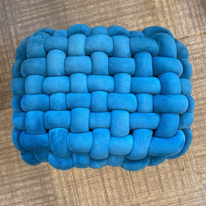 Teal Woven Fabric Wood Leg Ottoman