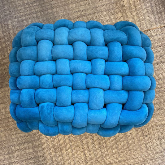 Teal Woven Fabric Wood Leg Ottoman