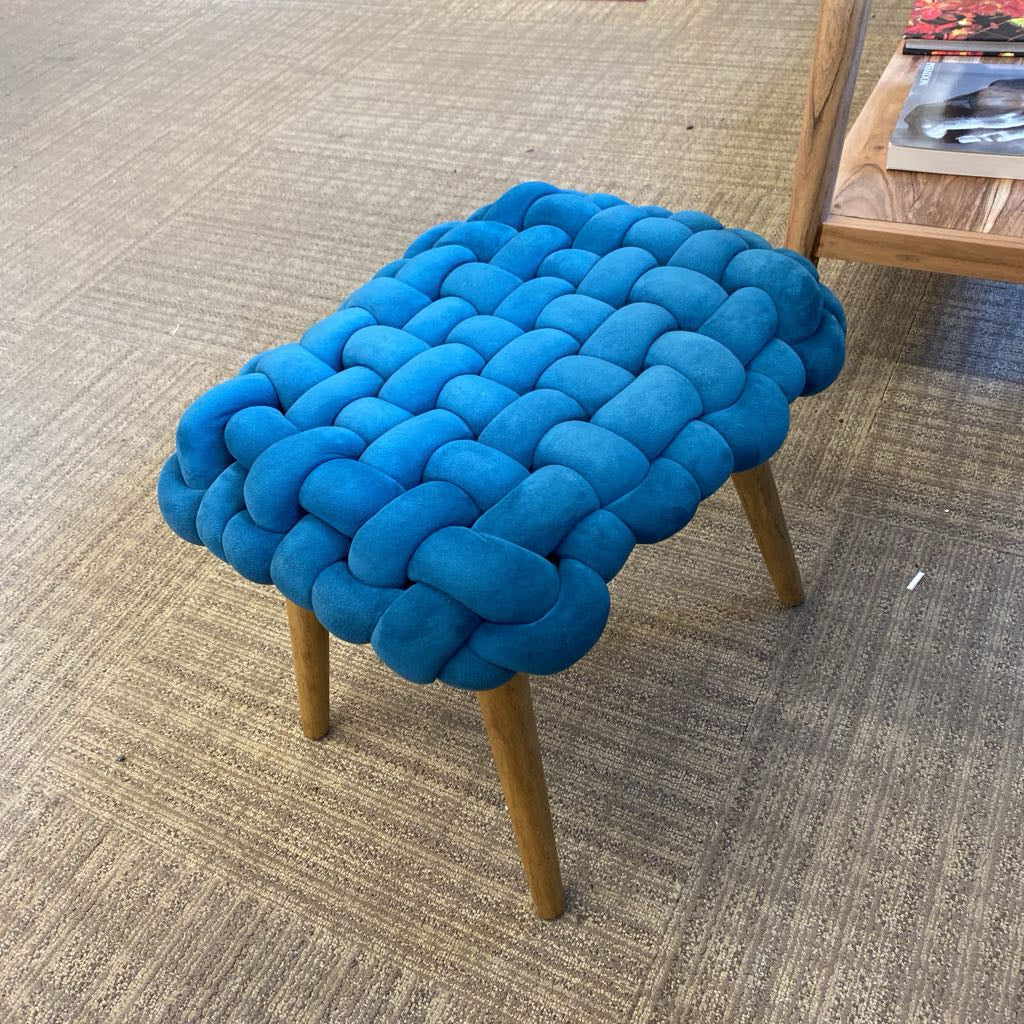 Teal Woven Fabric Wood Leg Ottoman