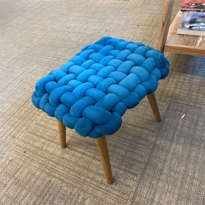 Teal Woven Fabric Wood Leg Ottoman