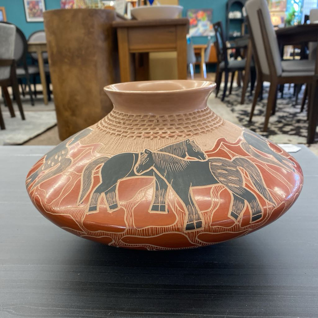 LUPE SOTO Signed Mata Ortiz Carved Horse Pottery Vase