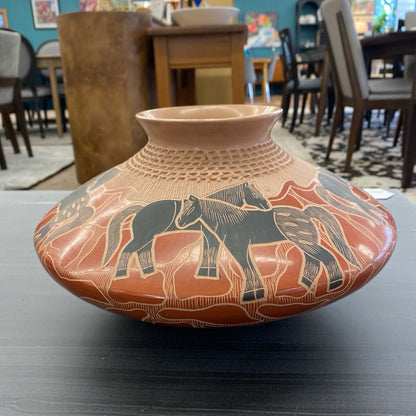 LUPE SOTO Signed Mata Ortiz Carved Horse Pottery Vase