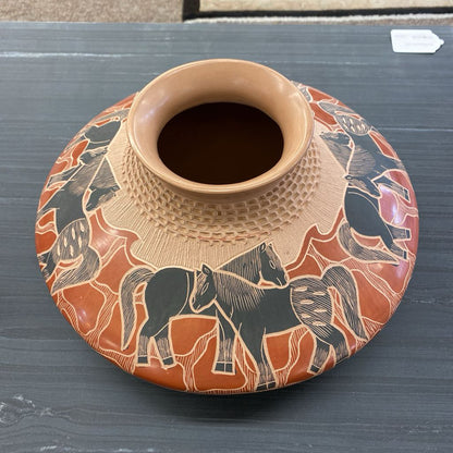 LUPE SOTO Signed Mata Ortiz Carved Horse Pottery Vase