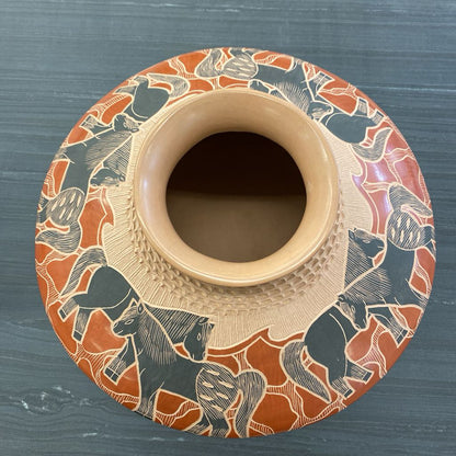 LUPE SOTO Signed Mata Ortiz Carved Horse Pottery Vase