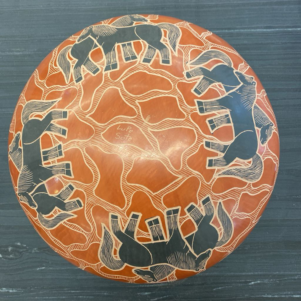 LUPE SOTO Signed Mata Ortiz Carved Horse Pottery Vase