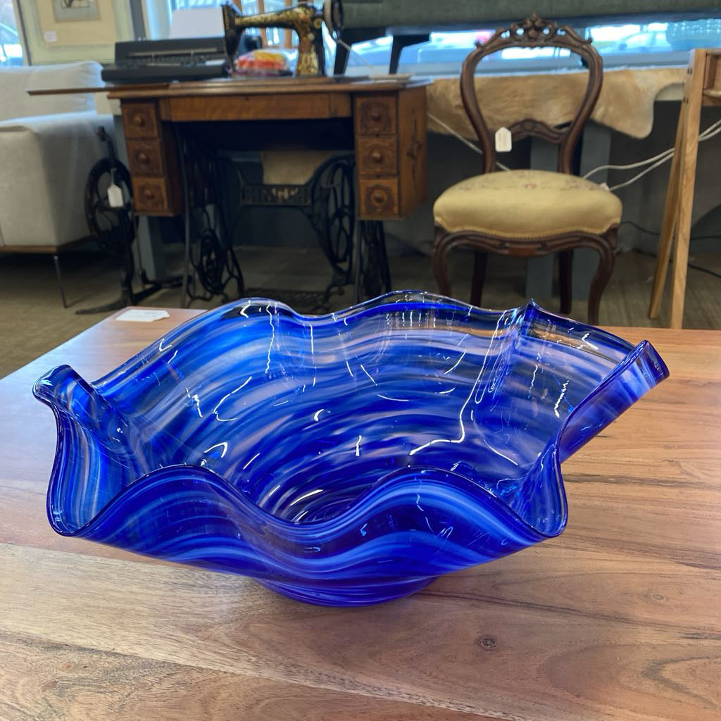 SCOTT LEIBOWITZ Handblown Blue Swirly Wavy Glass Bowl