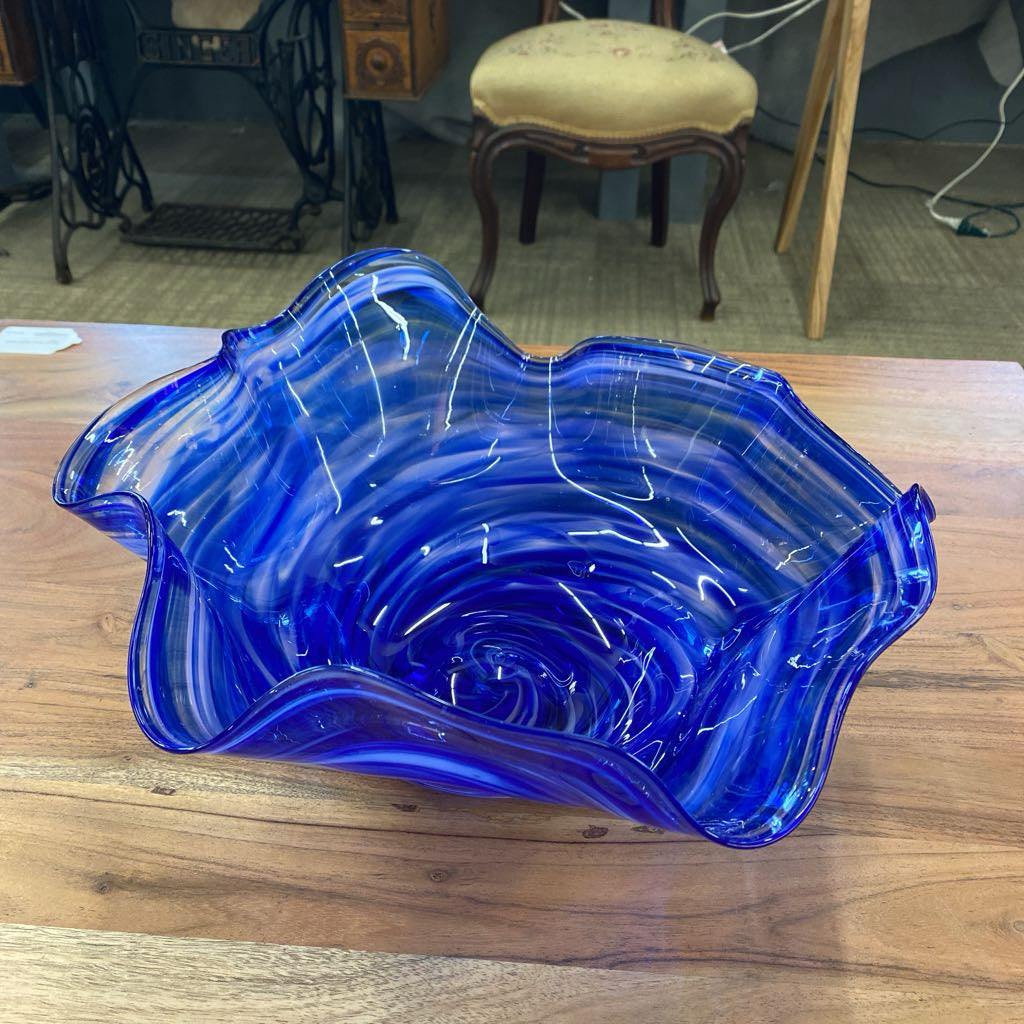 SCOTT LEIBOWITZ Handblown Blue Swirly Wavy Glass Bowl
