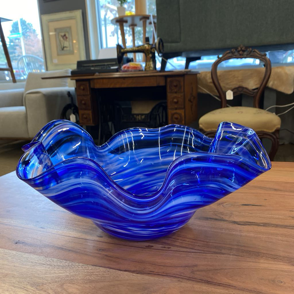 SCOTT LEIBOWITZ Handblown Blue Swirly Wavy Glass Bowl