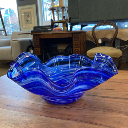 SCOTT LEIBOWITZ Handblown Blue Swirly Wavy Glass Bowl
