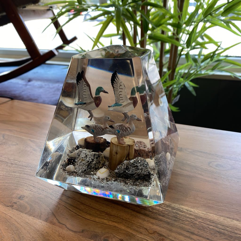Vintage Obelisk Lucite Ducks on the Beach Paperweight