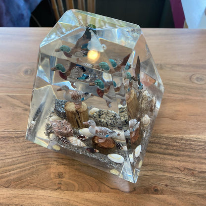 Vintage Obelisk Lucite Ducks on the Beach Paperweight
