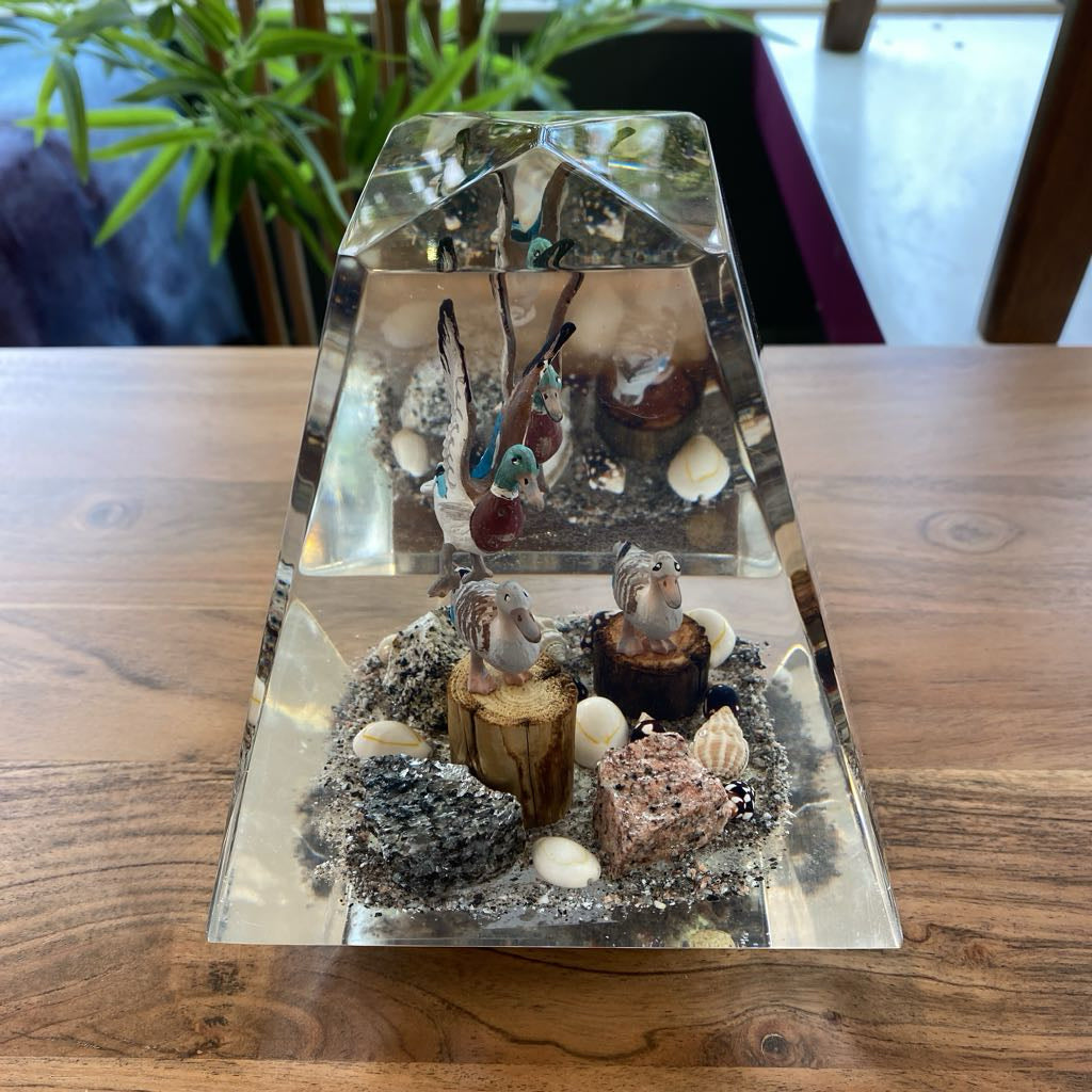 Vintage Obelisk Lucite Ducks on the Beach Paperweight