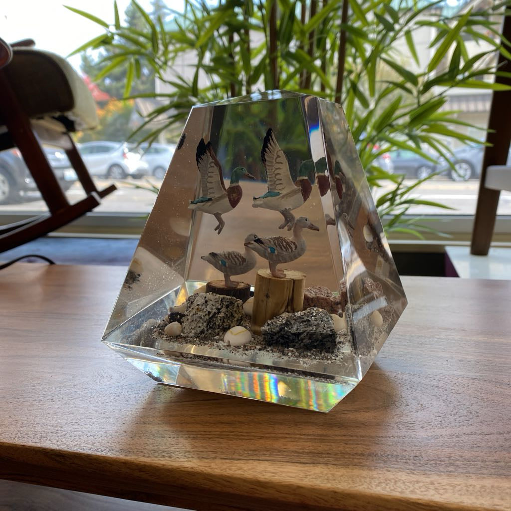 Vintage Obelisk Lucite Ducks on the Beach Paperweight