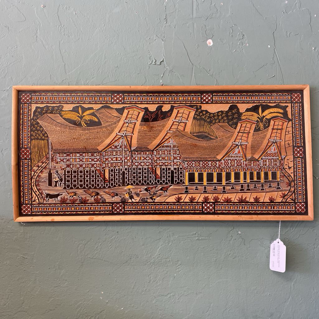 Vintage Hand Carved Indonesian Farm Town Relief Panel