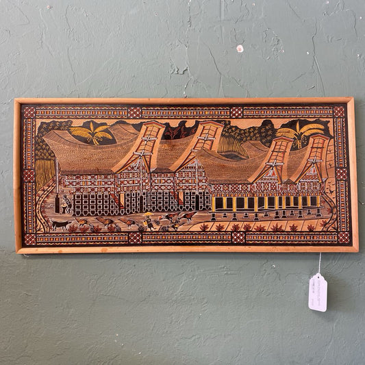 Vintage Hand Carved Indonesian Farm Town Relief Panel
