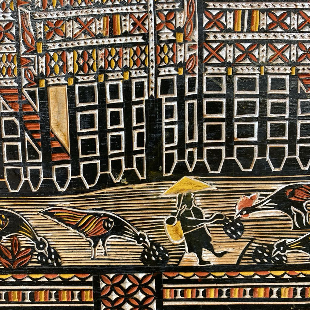 Vintage Hand Carved Indonesian Farm Town Relief Panel