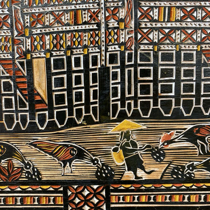 Vintage Hand Carved Indonesian Farm Town Relief Panel