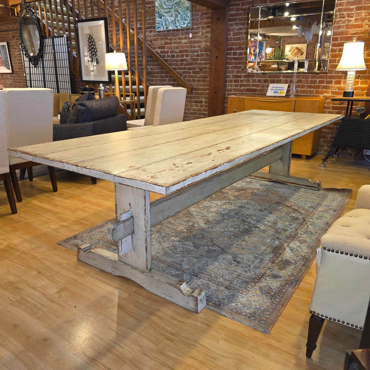 White Wash Rustic Farmhouse Style Trestle Dining Table